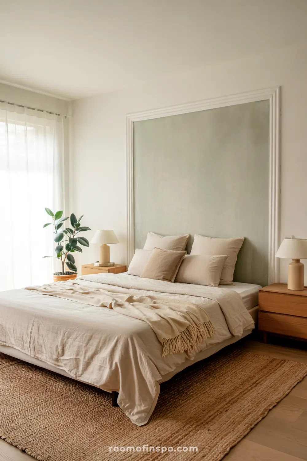 A cozy bedroom with a headboard-free bed featuring beige linens, multiple pillows, two wooden nightstands with lamps and decorations, a potted plant, sheer curtains allowing natural light, a muted green framed panel behind the bed, and a woven rug.