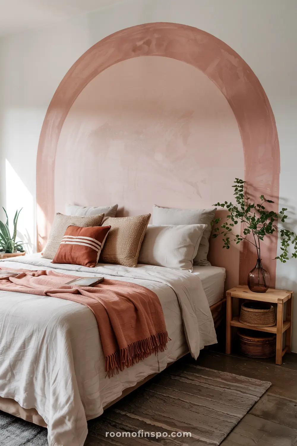 A stylish bedroom featuring a headboard-free bed with white and beige linens, a rust-colored throw blanket, a soft pink painted arch behind the bed, a wooden nightstand with a potted plant, woven baskets, and natural light creating a warm ambiance.