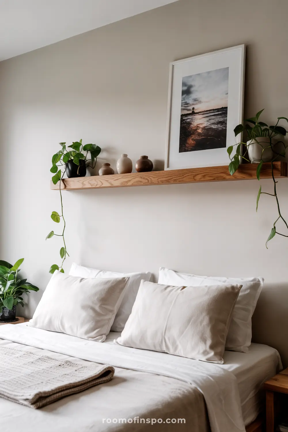 A cozy bedroom with a headboard-free bed featuring white bedding and pillows, a wooden shelf above the bed displaying small decorative items, potted plants, ceramic vases, and a framed sunset photograph, with a minimalist and neutral color palette.