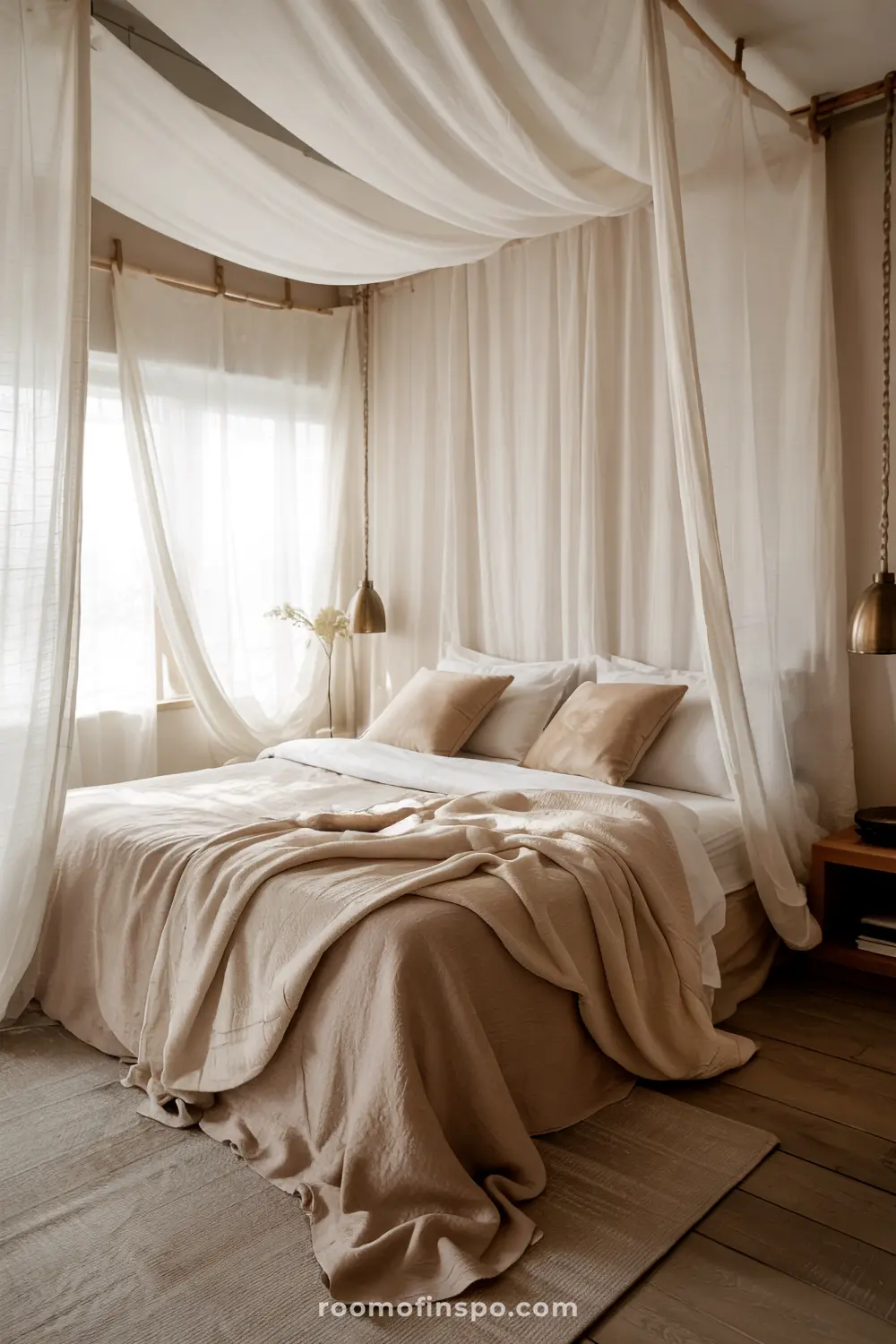 A tranquil bedroom featuring a headboard-free bed with sheer canopy drapes, soft beige linens, multiple pillows, a bedside table with a lamp and vase, and a window allowing natural light to filter through.