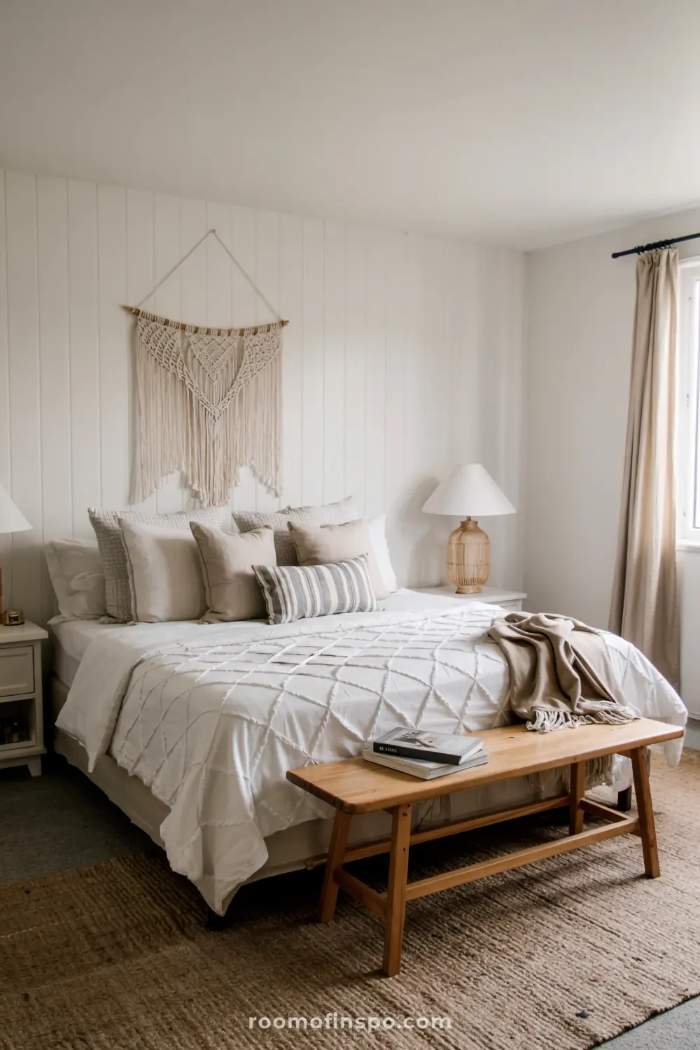 A cozy bedroom with a headboard-free bed featuring a white quilted bedspread, multiple beige and white pillows, a wooden bench at the foot of the bed with a blanket and book, macramé wall art above the bed, woven-base lamps, beige curtains, and a neutral-toned rug.