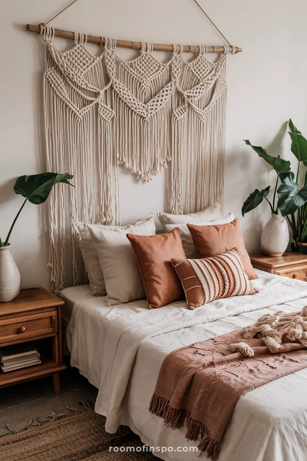A cozy bedroom with a headboard-free bed featuring beige and white linens, multiple pillows, a decorative macramé wall hanging above the bed, wooden nightstands with potted plants and ceramic vases, and a warm bohemian aesthetic.