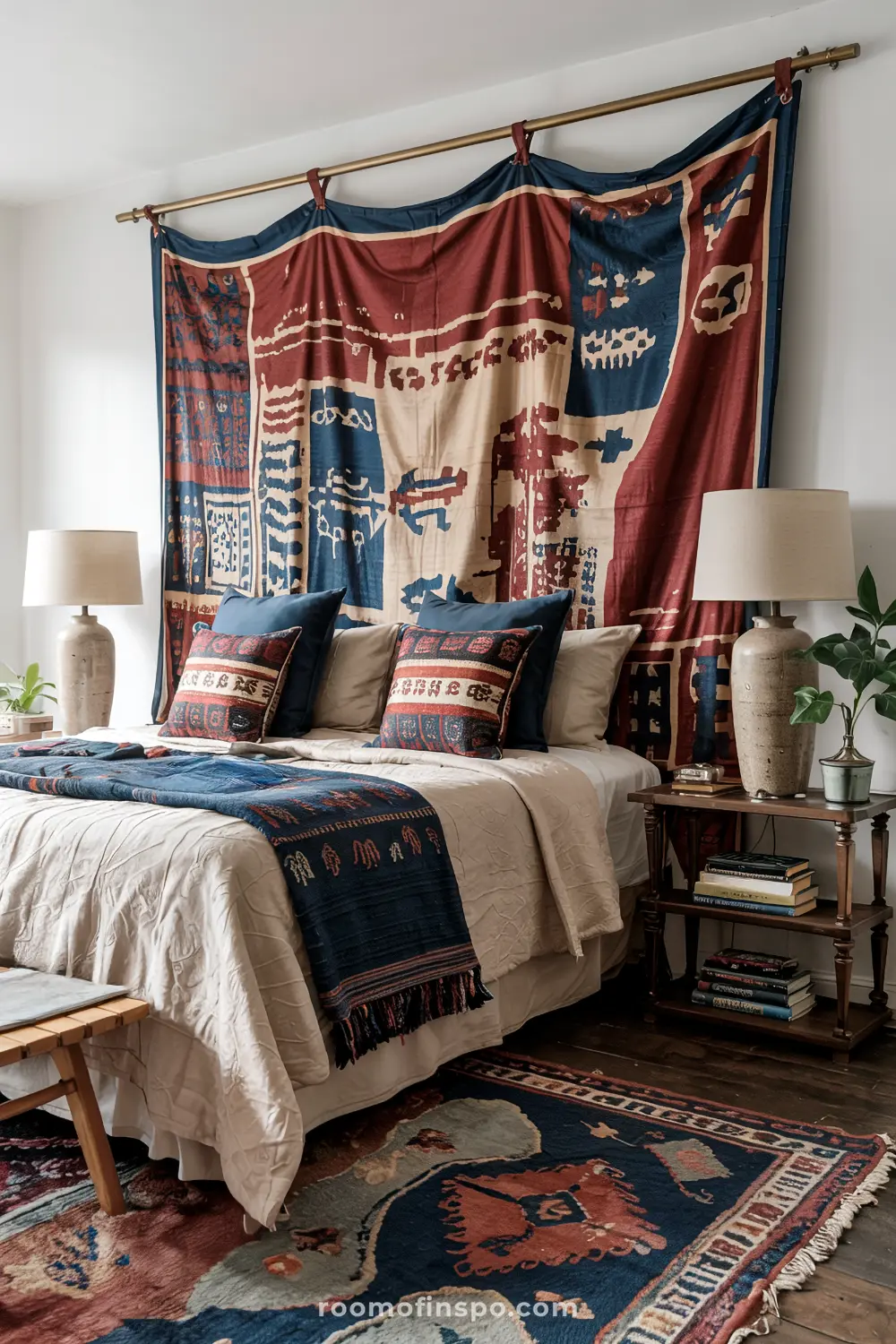 A bohemian-style bedroom with a headboard-free bed featuring beige bedding, multiple patterned pillows, a large colorful tapestry above the bed, matching bedside tables with beige lamps, a blue and red throw blanket, and a textured rug.