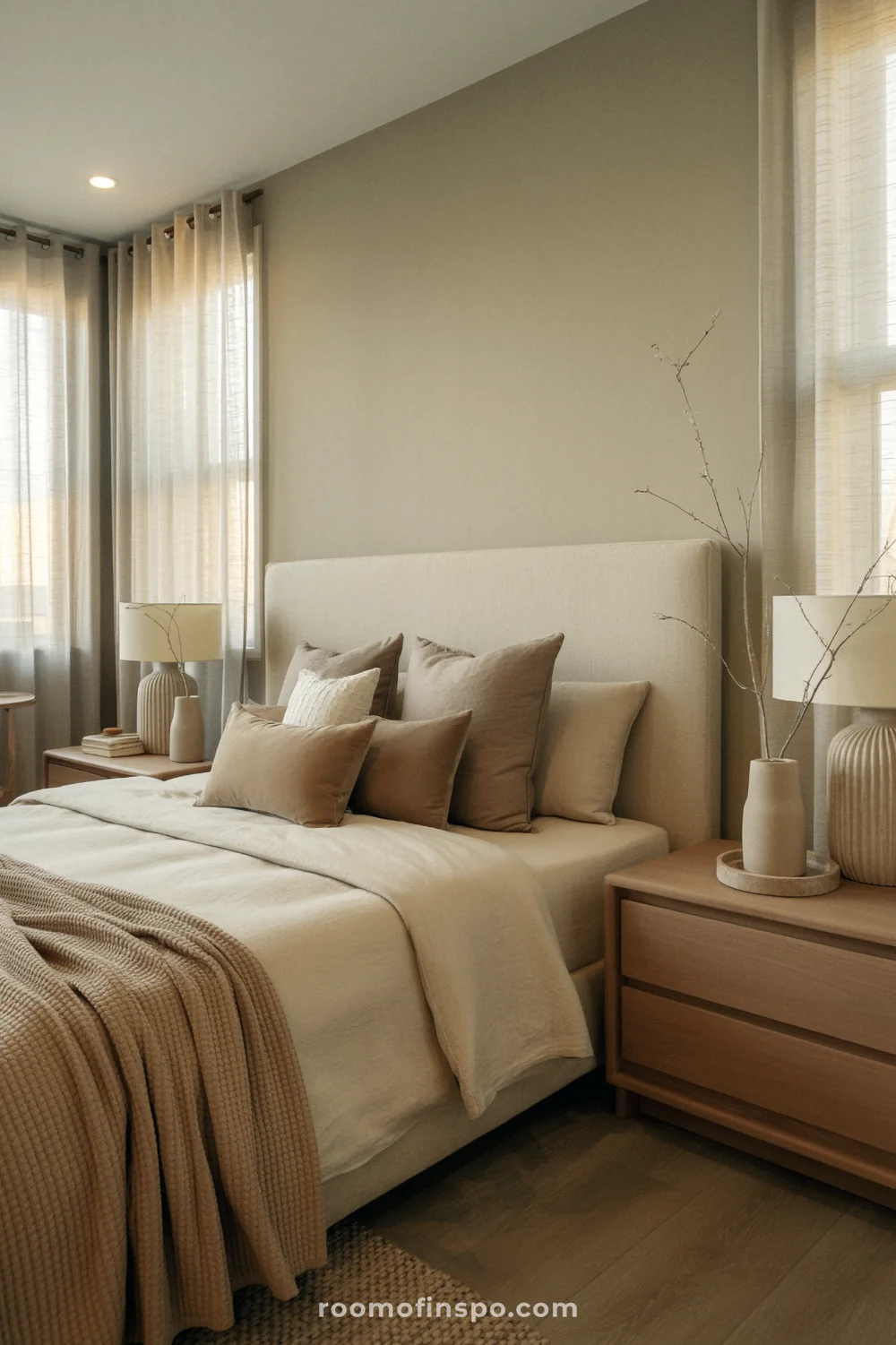 Warm neutral bedroom with linen headboard, layered bedding, walnut nightstands, and softly filtered dusk light.