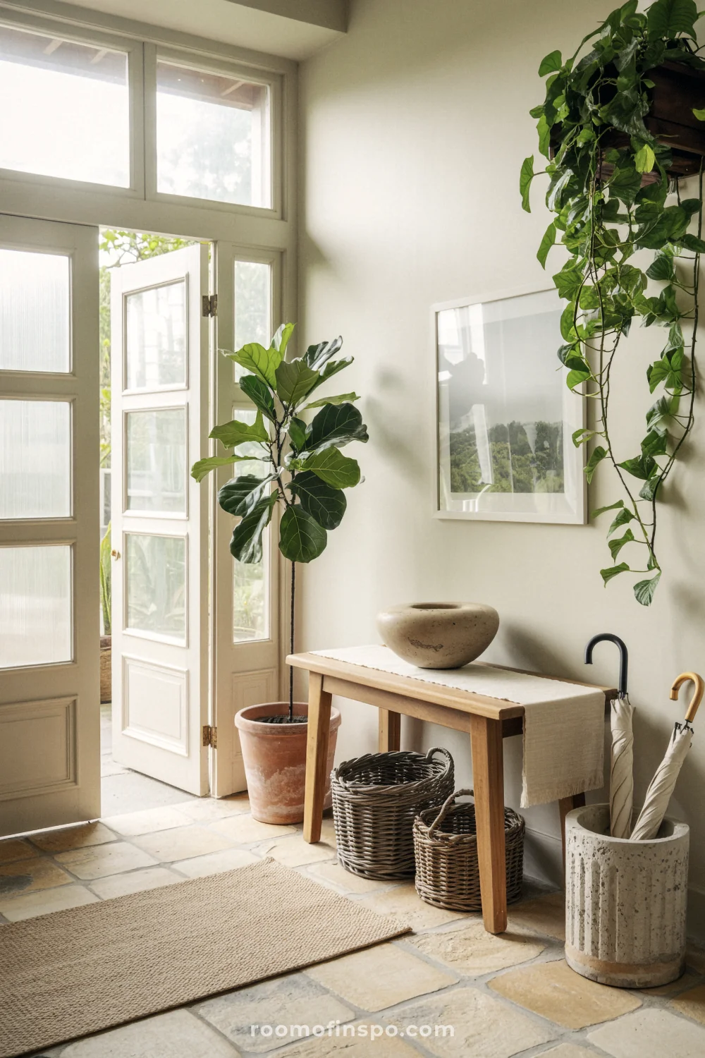Bright entryway with large plants, reclaimed oak console, limestone floor, and woven baskets.