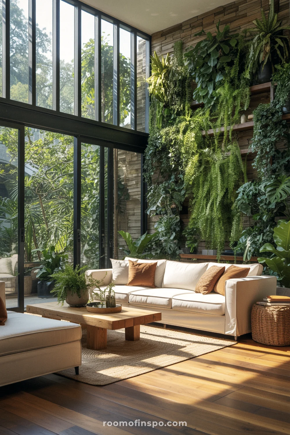 Sunlit biophilic living room with floor-to-ceiling windows, hardwood floors, cream sofa, and lush indoor greenery.