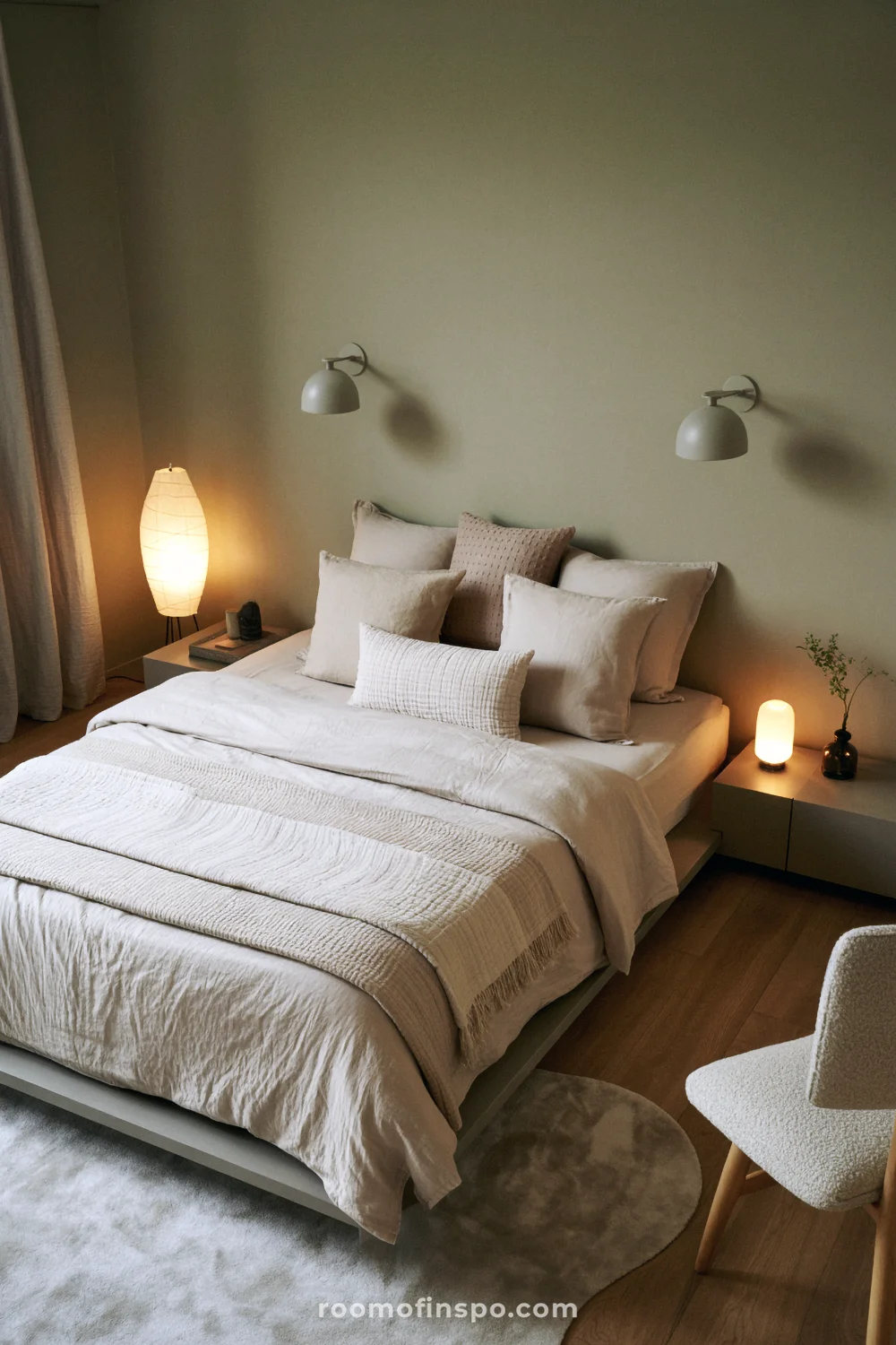 Bedroom retreat with layered bedding, dim wall sconces, paper lantern lamp, and uncluttered nightstand.