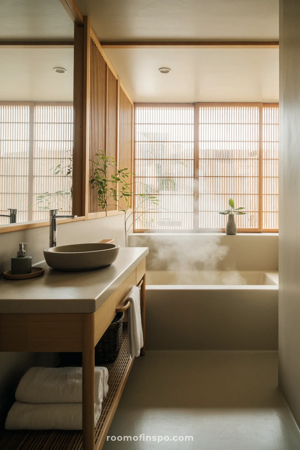 Minimalist Japandi bathroom with wooden vanity, soaking tub, soft light, neutral tones, and spa-like details.