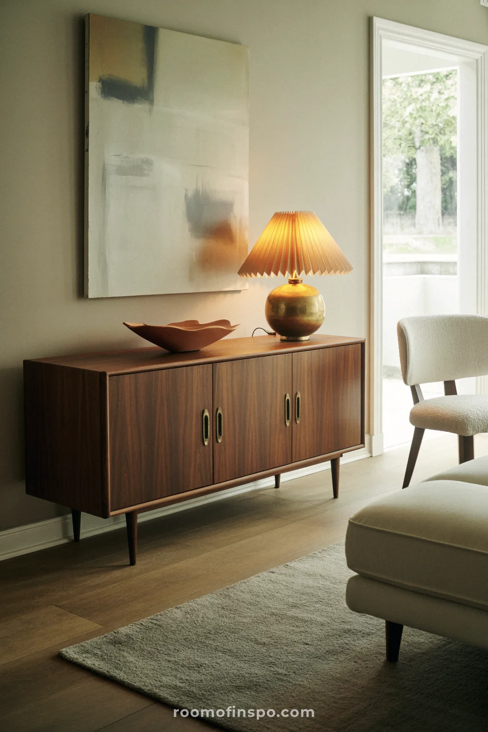 Living room featuring a mid-century walnut credenza paired with modern seating and a large abstract artwork.