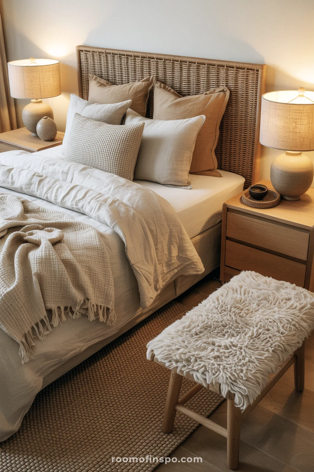 Bedroom with linen bedding layers, rattan headboard, jute rug, and warm bedside lamp lighting.