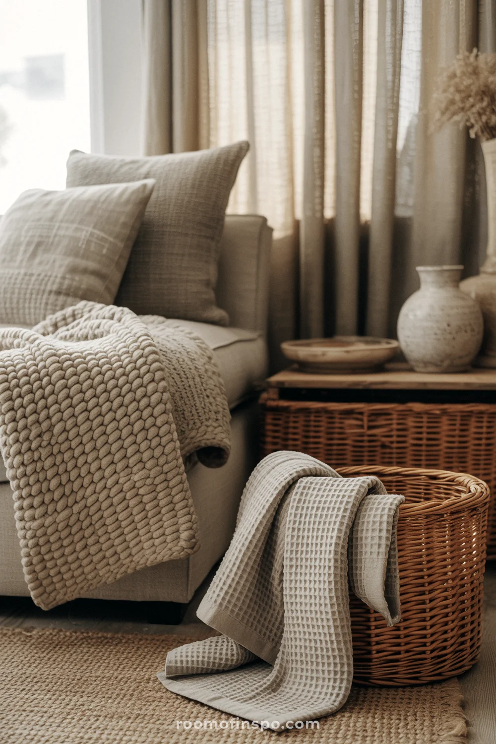 Cozy living room with chunky knit throw, woven rug, linen curtains, wicker baskets, and handmade ceramics.