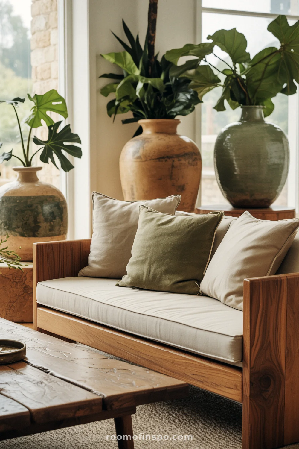 Sustainable living room with solid wood furniture, vintage table, linen upholstery, artisan decor, and plants.