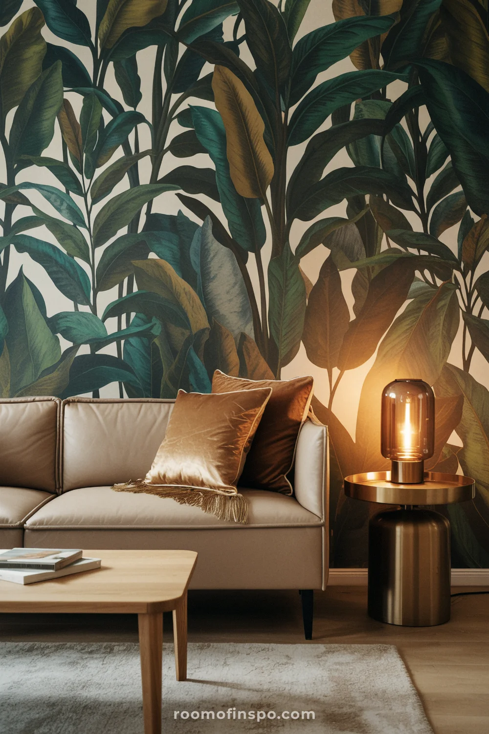 Living room with botanical wallpaper accent wall, neutral sofa, velvet pillow, brass side table, and smoked glass lamp.