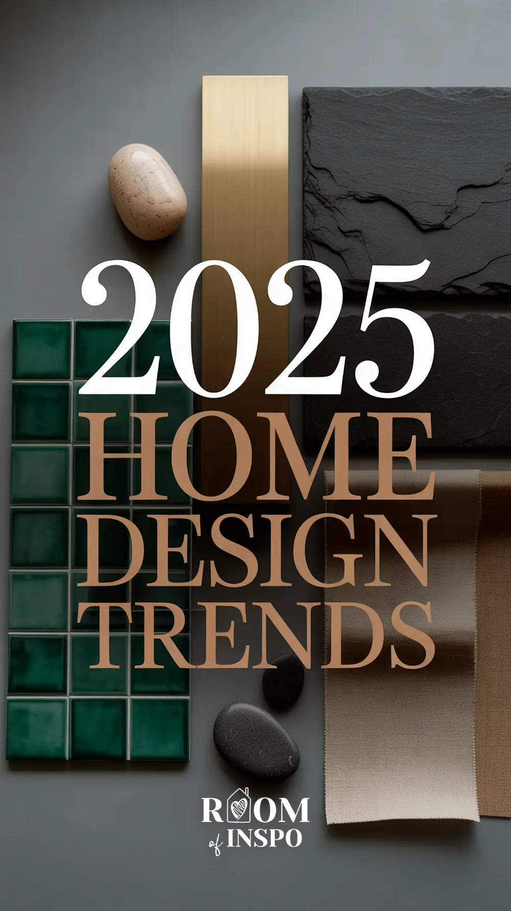 Af flat lay image of luxurious color and material samples and a text overlay saying "2025 Home Design Trends".