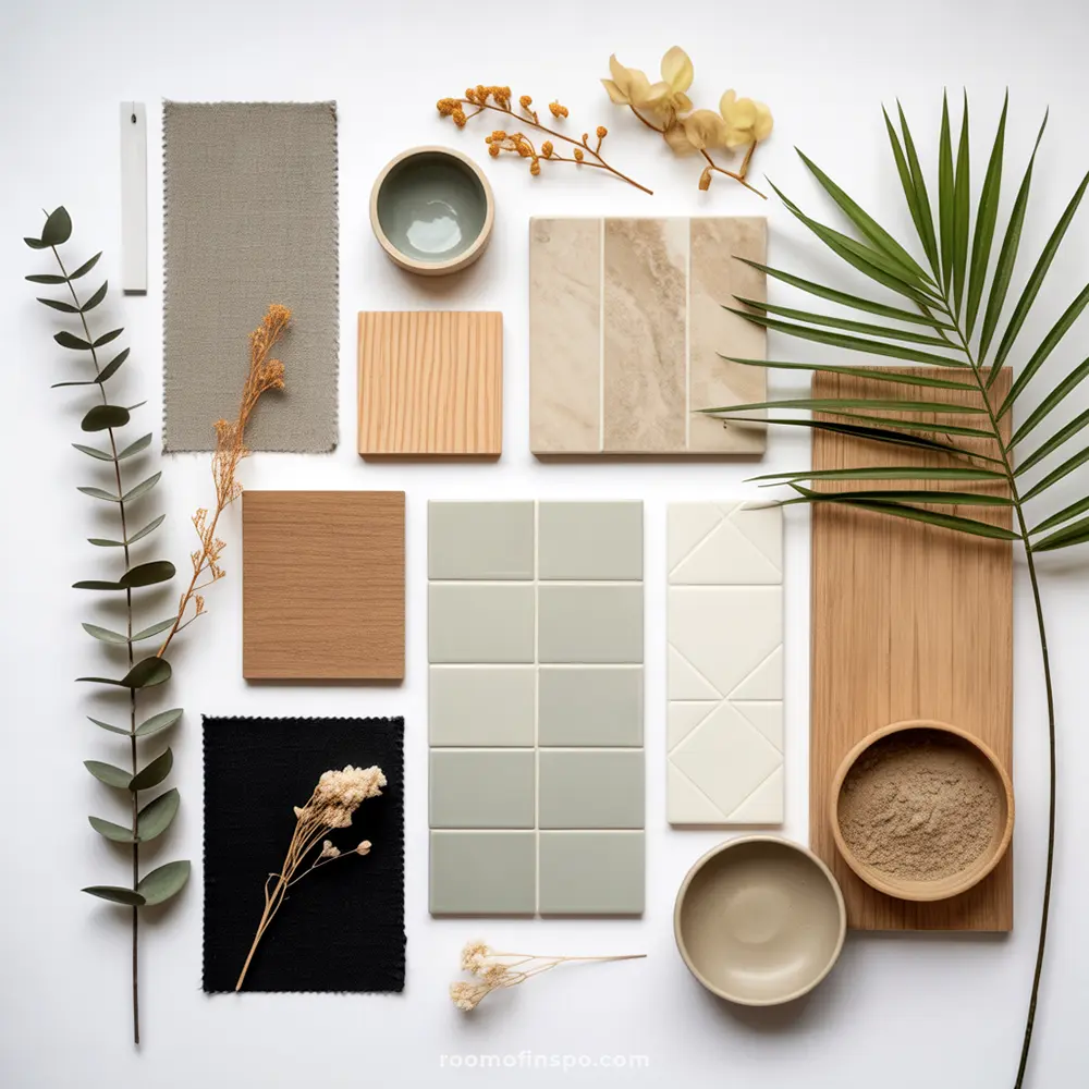 A flat lay showcasing natural materials and muted tones, ideal for a serene Japandi bathroom design with textiles, wood, and tiles.