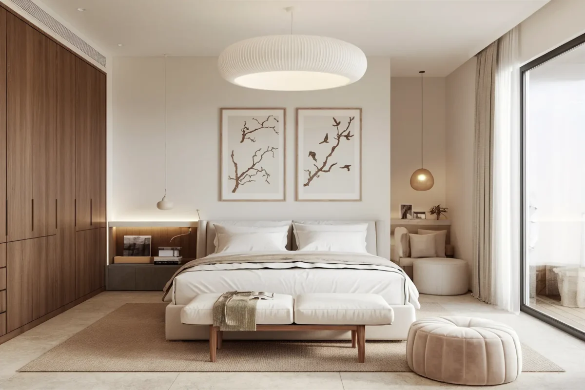 A modern minimalist bedroom with a bed, a bench, a pouf, a wardrobe, and artwork on the wall.