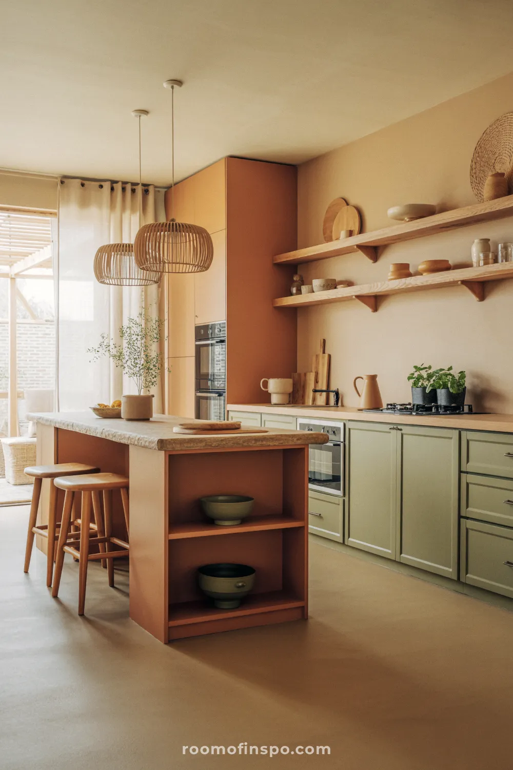 A warm, inviting kitchen featuring earthy tones, open shelving, and a small dining area, reflecting modern trends.