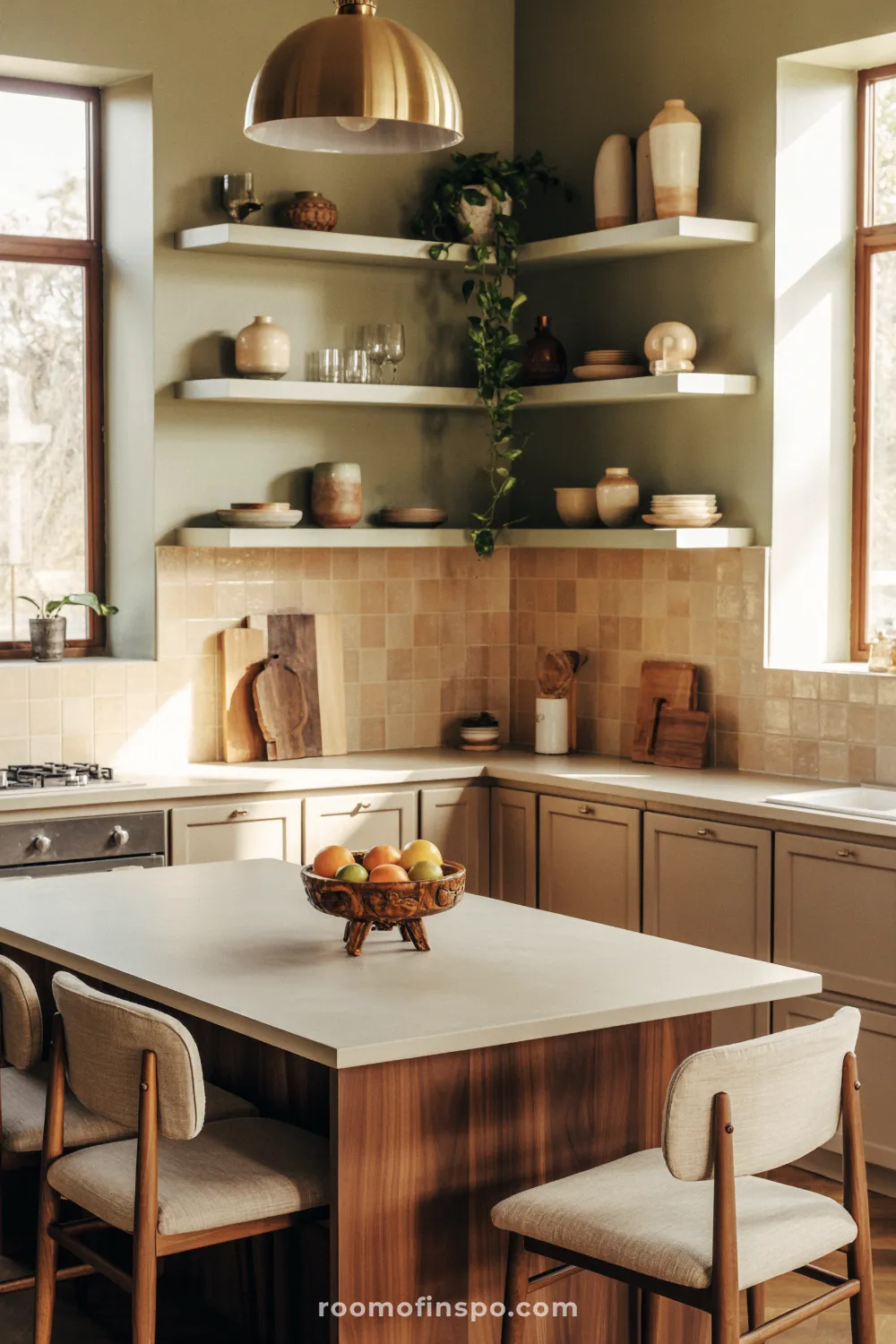 A sophisticated kitchen blending creamy cabinetry with a textured backsplash and dark wood accents for a stylish look.