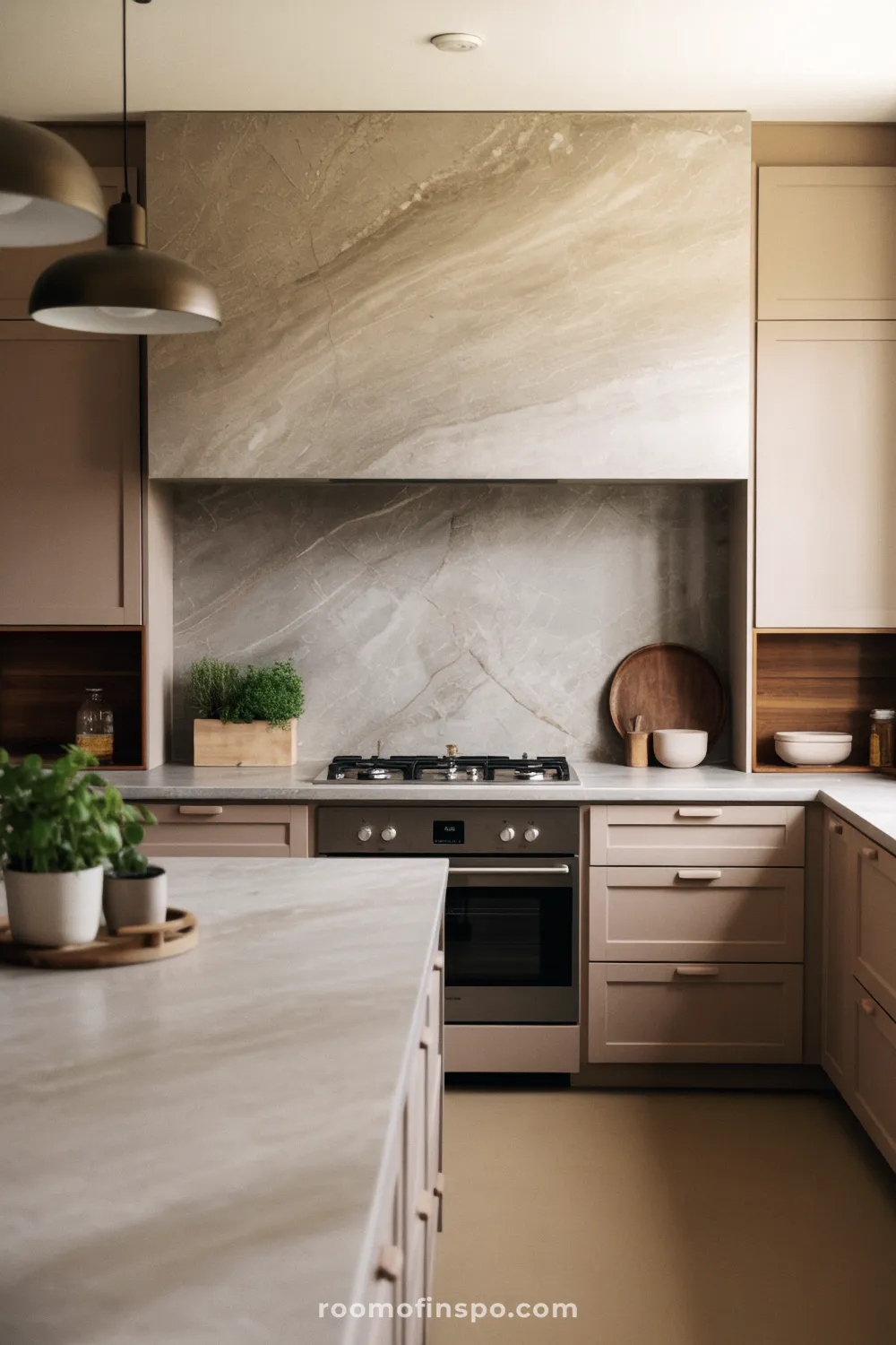 A warm, inviting kitchen with light wood tones and a uniquely textured stone or tile backsplash that adds depth.