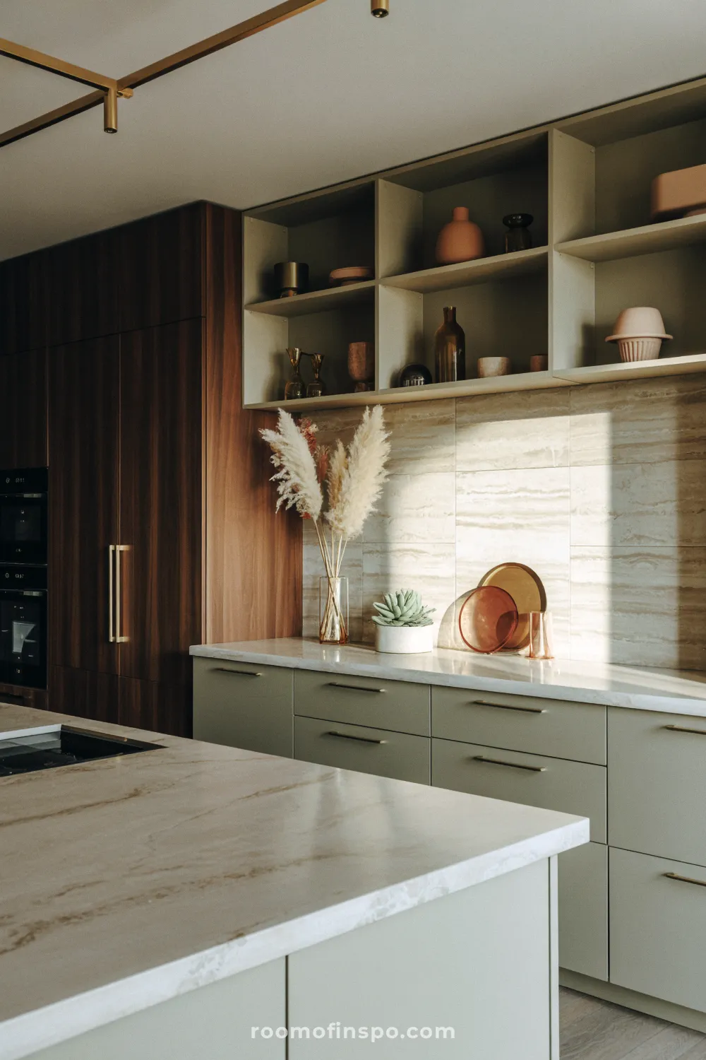 The contemporary kitchen highlights a striking, dark slab stone backsplash paired with warm wood accents and open shelving.