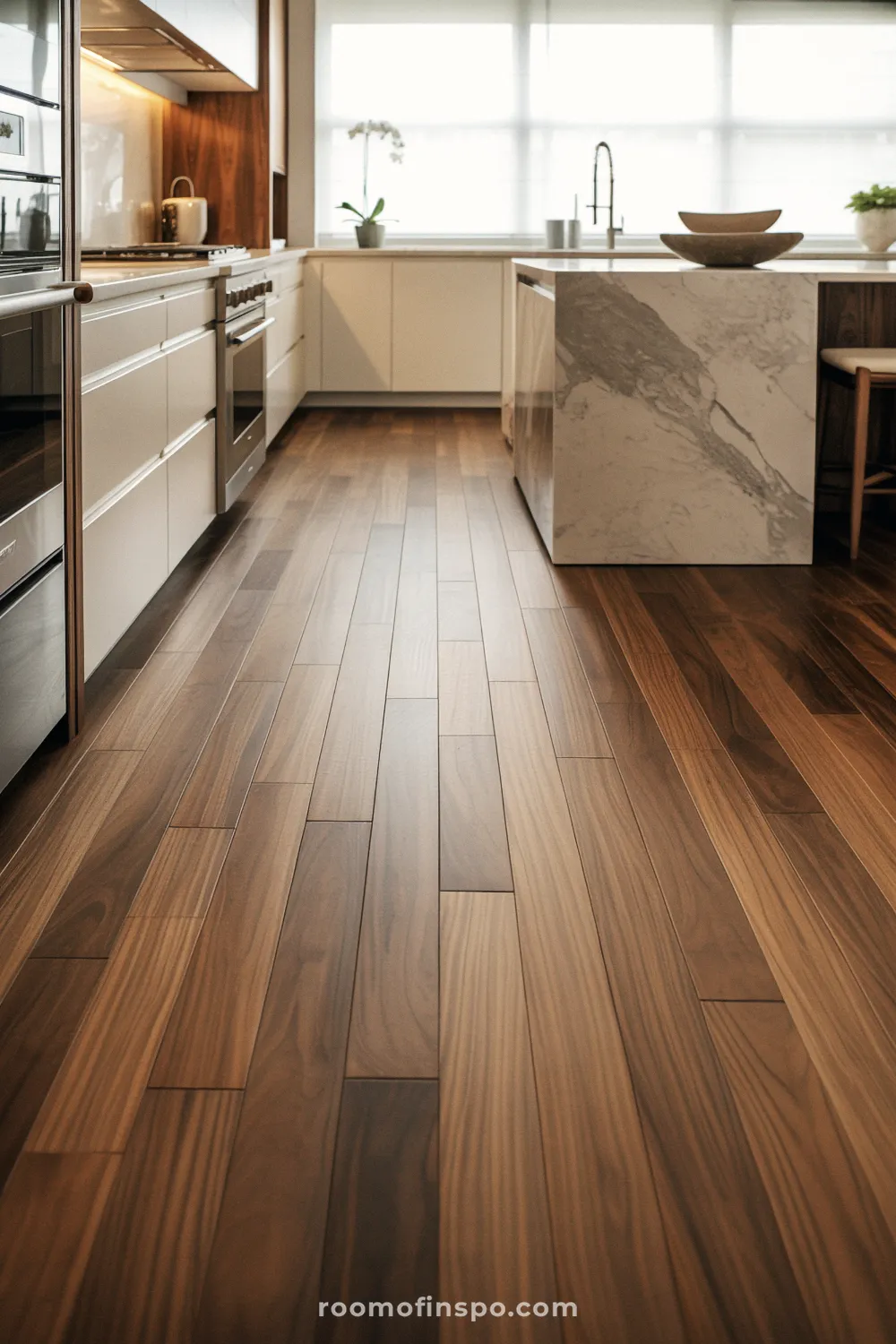 This expansive kitchen features rich, dark engineered wood flooring that contrasts sharply with the white cabinets and black accents.