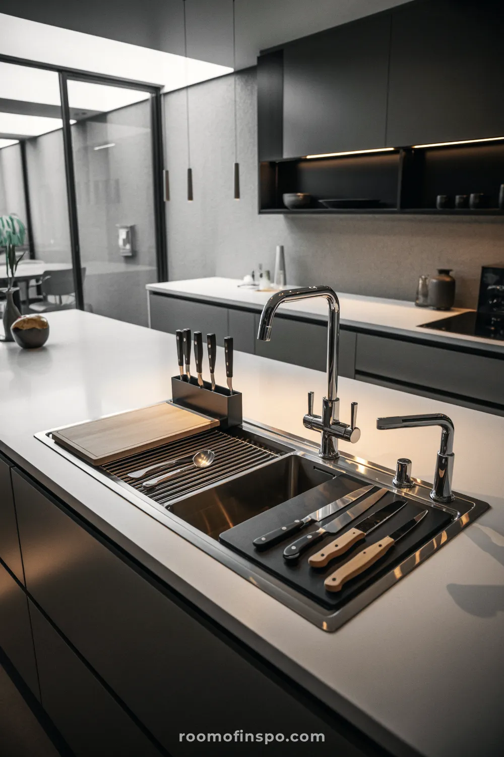A detail shot of a sophisticated, deep black sink in a modern kitchen, highlighting its large, multifunctional basin design.