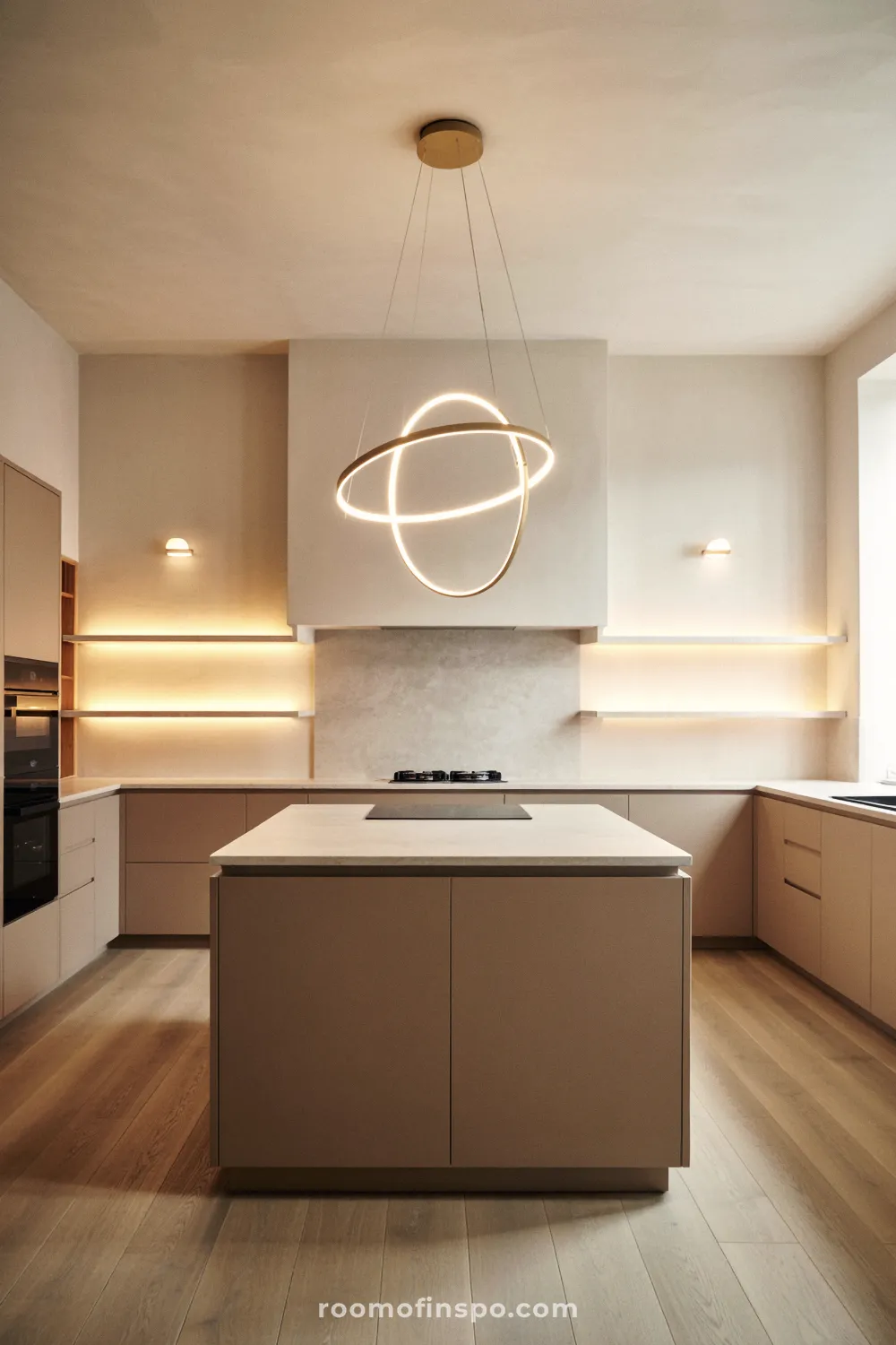 The sleek kitchen includes minimalist white cabinetry and a unique, linear light fixture hanging above the island and dining area.