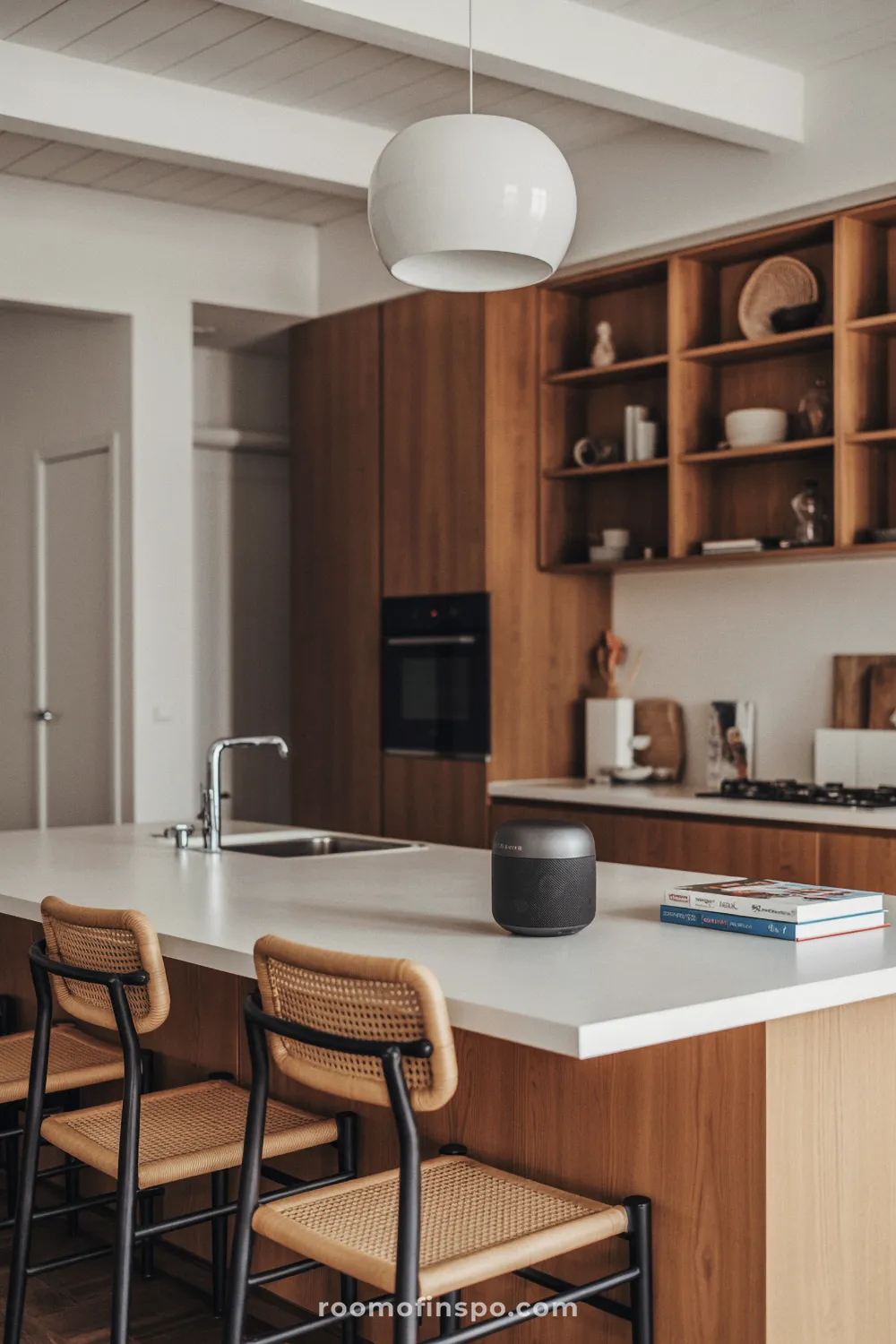 A dark, moody kitchen features open wooden shelves and deep, rich colors, emphasizing a sense of enclosure and coziness.