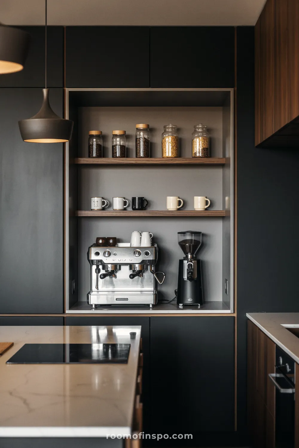 The modern kitchen has dark wood lower cabinets and a light countertop, focusing on an integrated, central cooking zone.