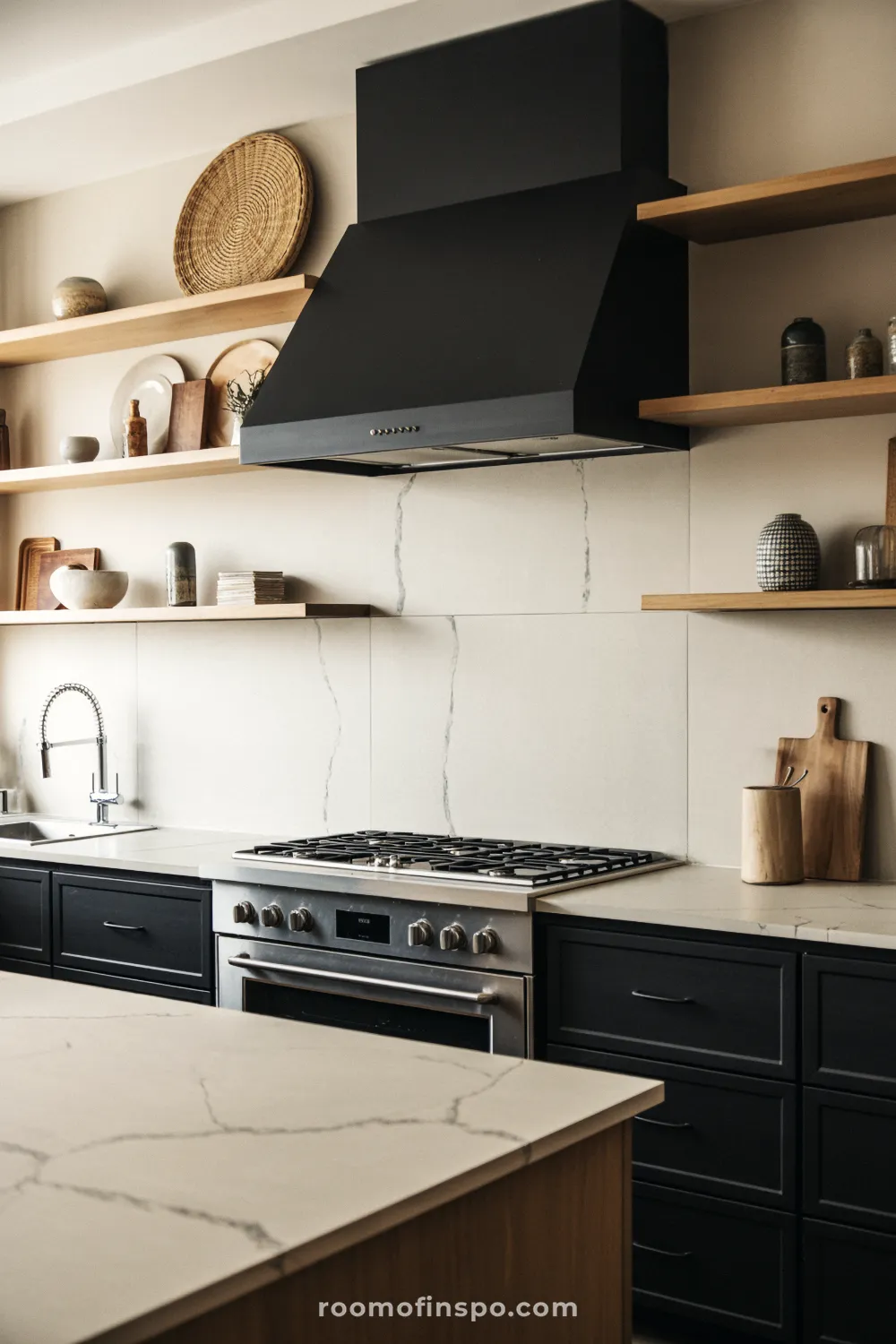 A contemporary kitchen featuring dark lower cabinets and light stone used extensively on the backsplash and counters.