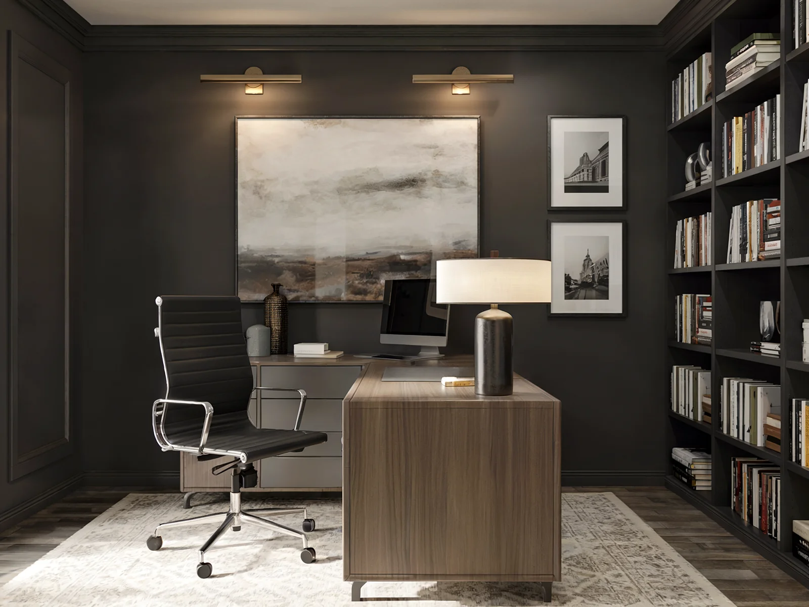Elegant home office with dark walls, wooden desk, black leather chair, large abstract artwork, framed photos, and bookshelf filled with books.