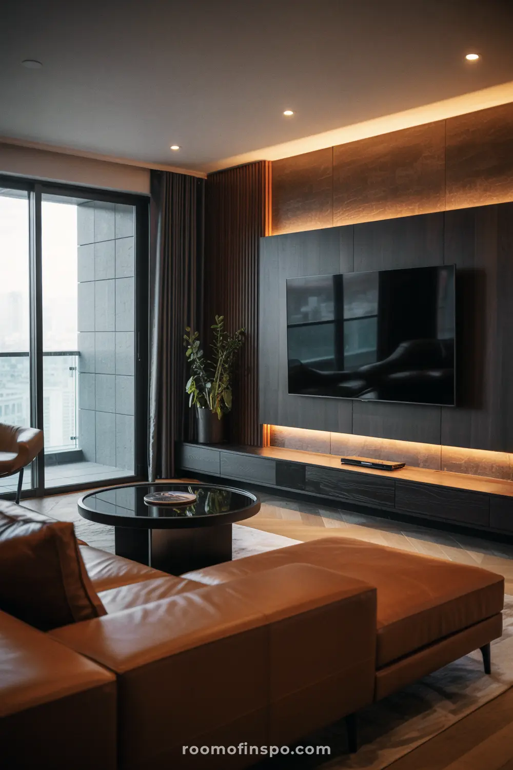 A man's sophisticated, masculine living room with a large brown leather couch and a large flatscreen TV on a wooden feature wall.