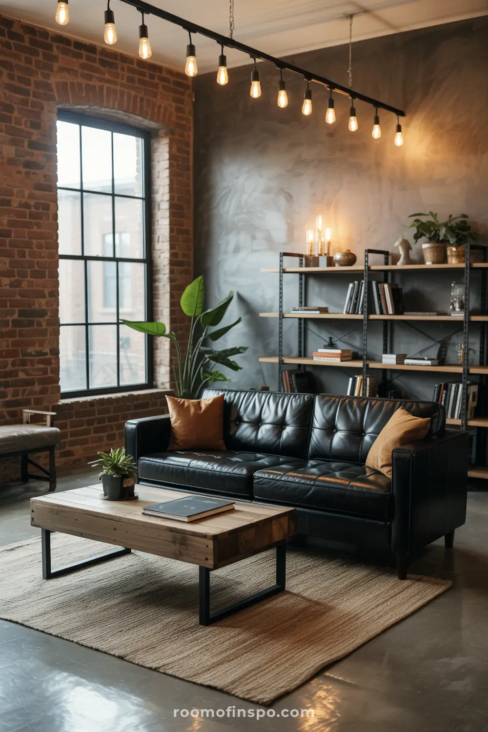 An industrial-style masculine living room with a black leather sofa, brick walls, and a large window overlooking a building.