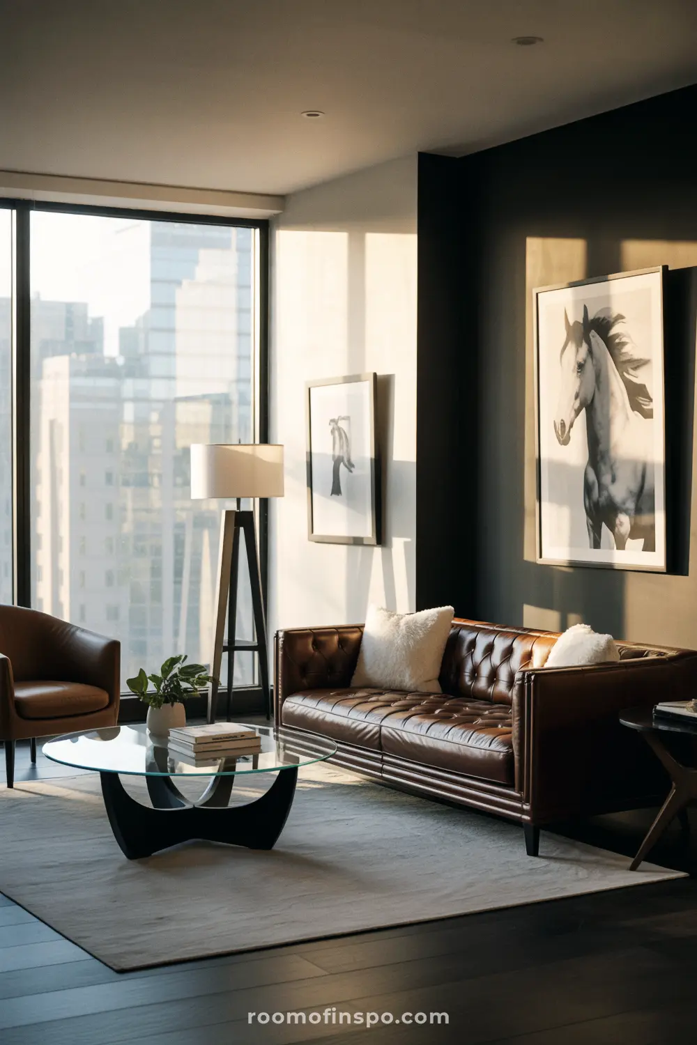 A modern masculine living room with a brown tufted sofa, a glass coffee table, and a framed black-and-white horse portrait.
