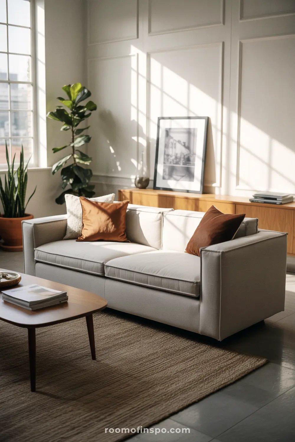 A clean and masculine living room with a white sofa, a black-and-white picture leaning on a wooden cabinet, and plants.