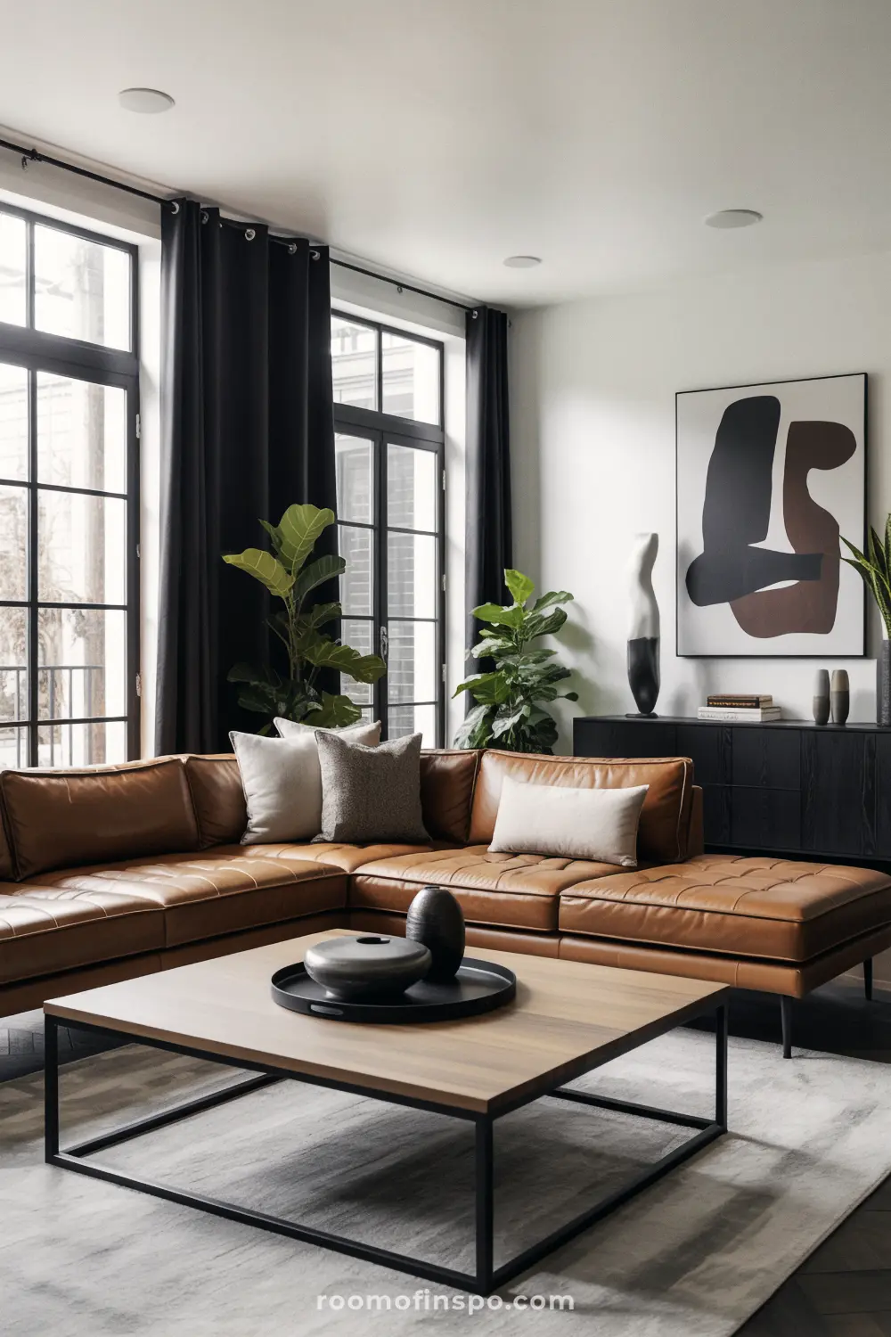 A modern man's living room with a brown leather sectional, a square coffee table, and an abstract painting hanging on the wall.