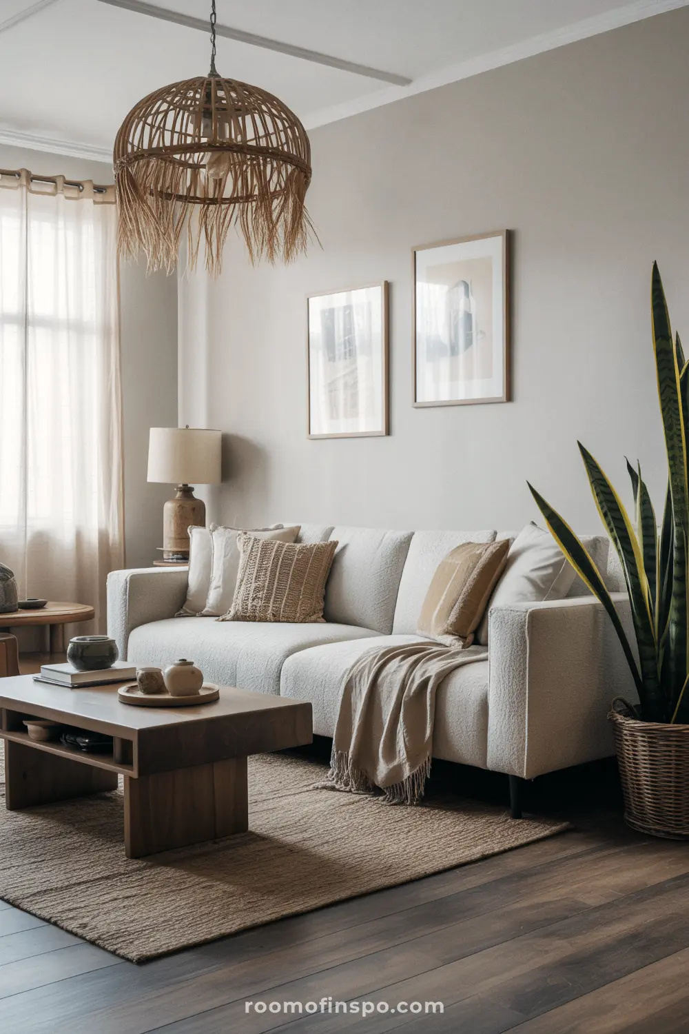 A bright, boho-style masculine living room with a white sofa, a wooden coffee table, and a hanging light fixture.