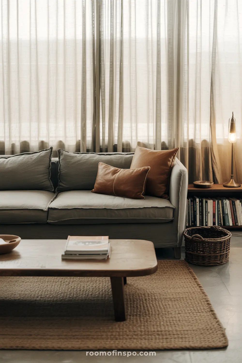 A light and airy masculine living room with a gray sofa, a brown coffee table, and an overflowing basket on the floor.