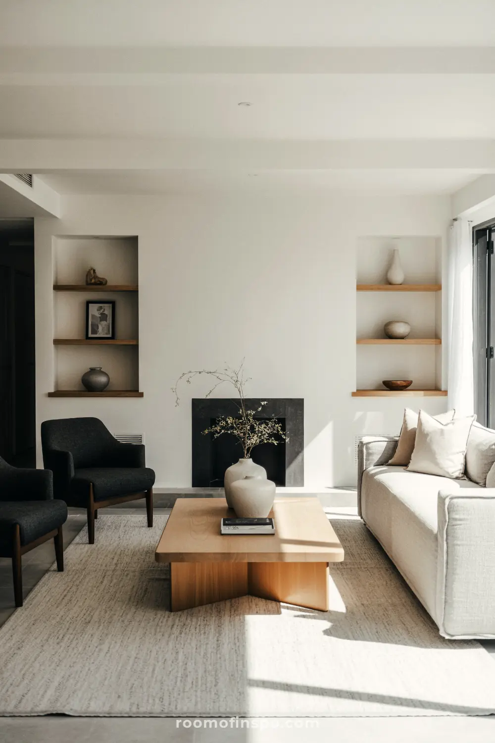 A man's living room with a white sofa, two dark armchairs, a wooden coffee table, and an open fireplace.