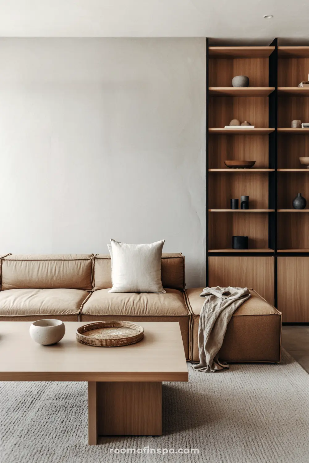 A clean Japandi-style living room for a man with a light brown sofa, a wooden coffee table, and an open bookshelf.