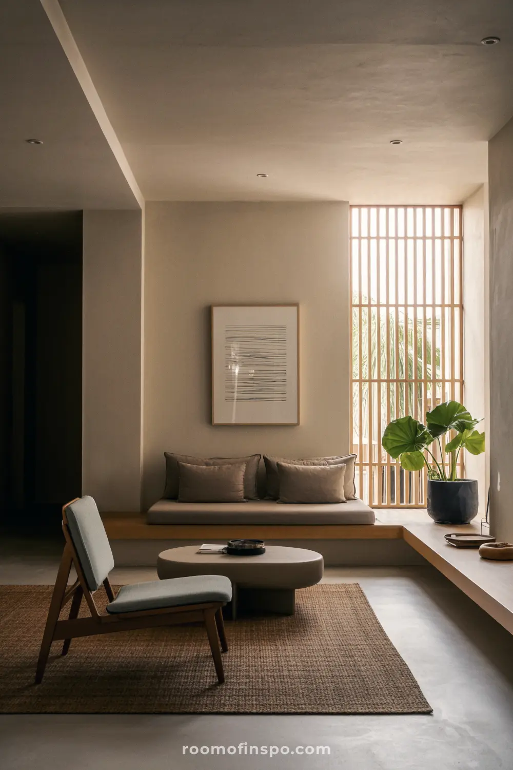 A Japandi-style living room for a man with a low-profile sofa, a round coffee table, and a black pot with a plant.