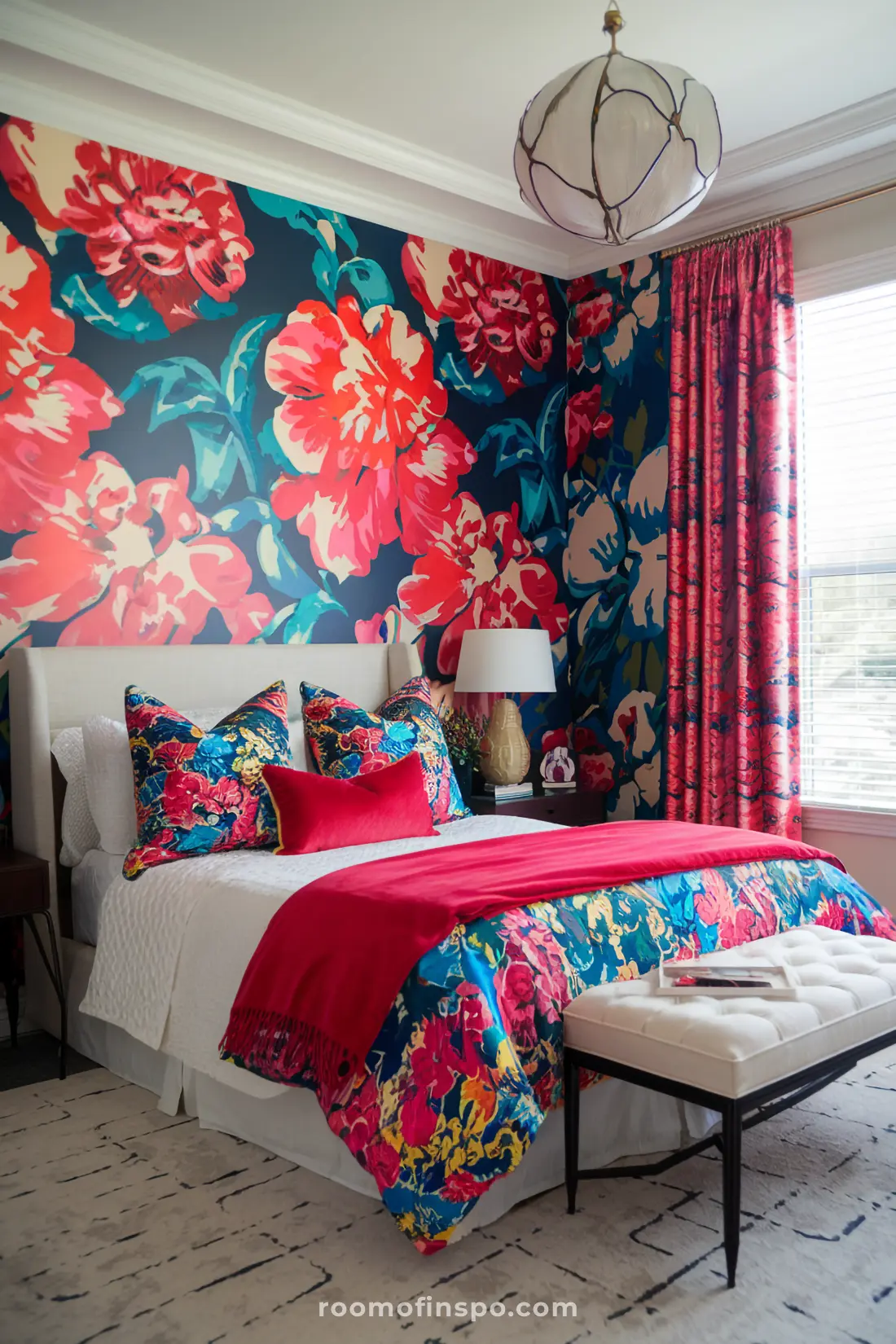 Bedroom with bold floral wallpaper, patterned bedding, and maximalist decorative accents.