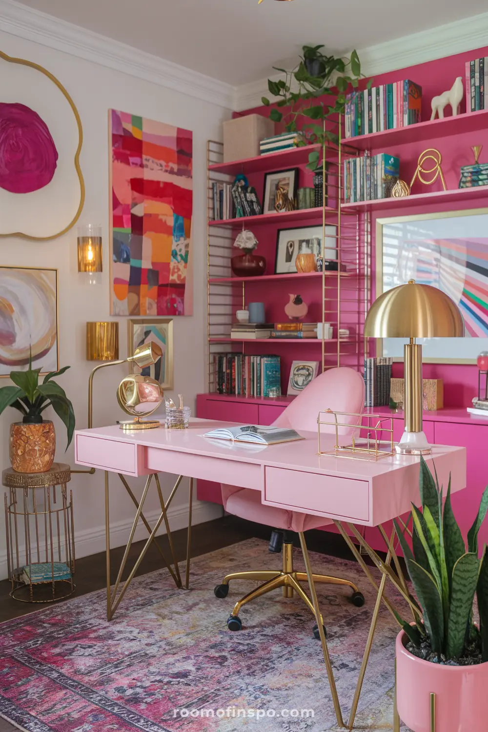 A pink maximalist home office with gold accents and laptop.