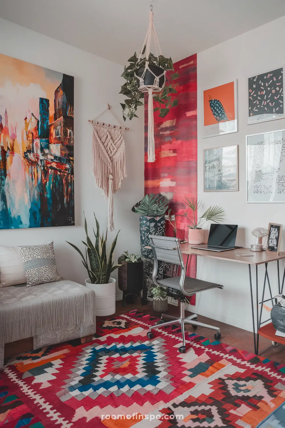A cozy Maxhemian home office blending boho, maximalism, and a laptop.