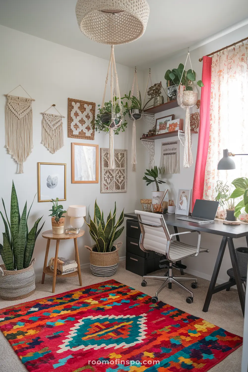 A cozy Maxhemian home office blending boho, maximalism, and a laptop.