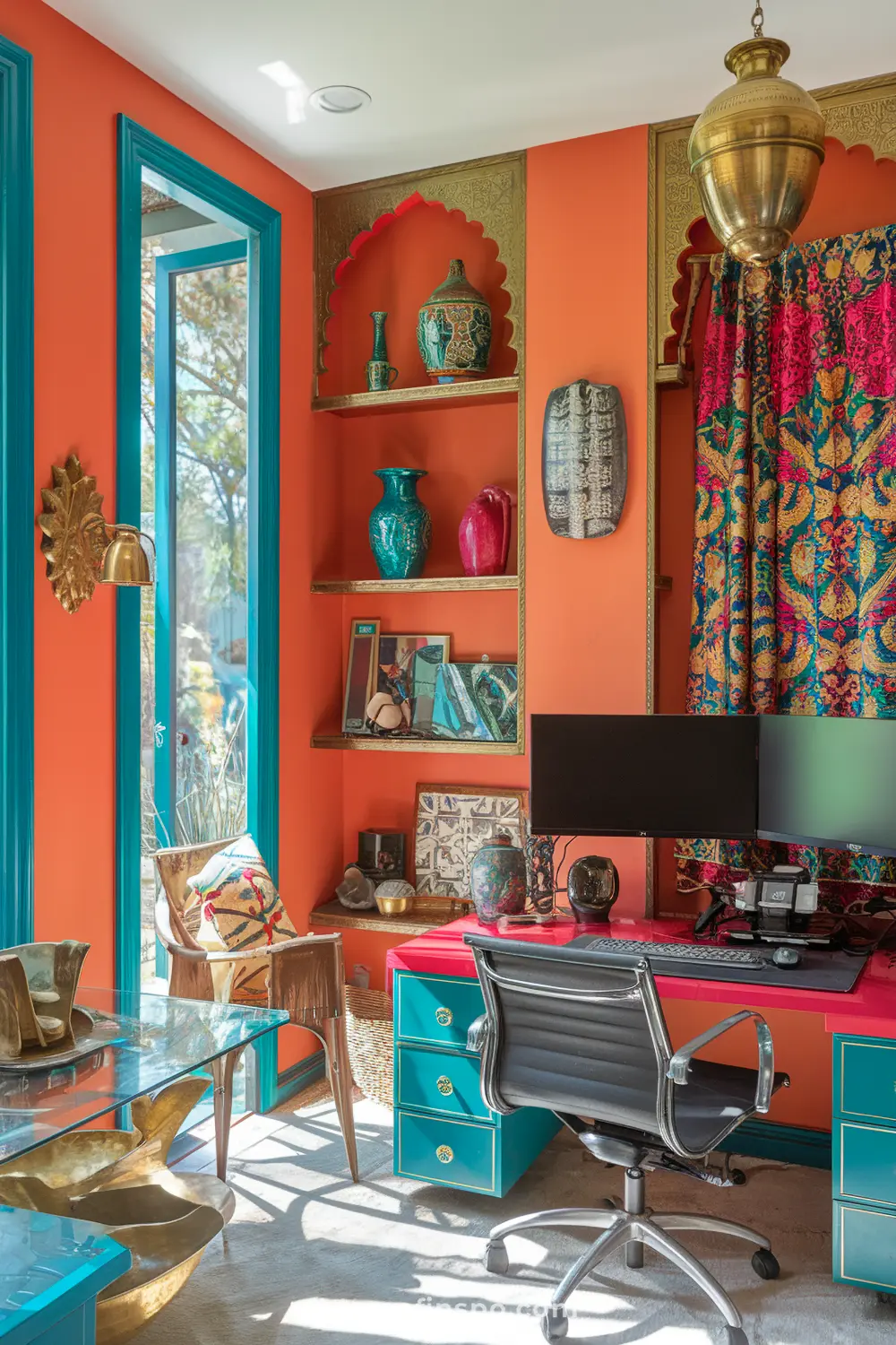A maximalist home office with Indian-inspired decor and monitor.