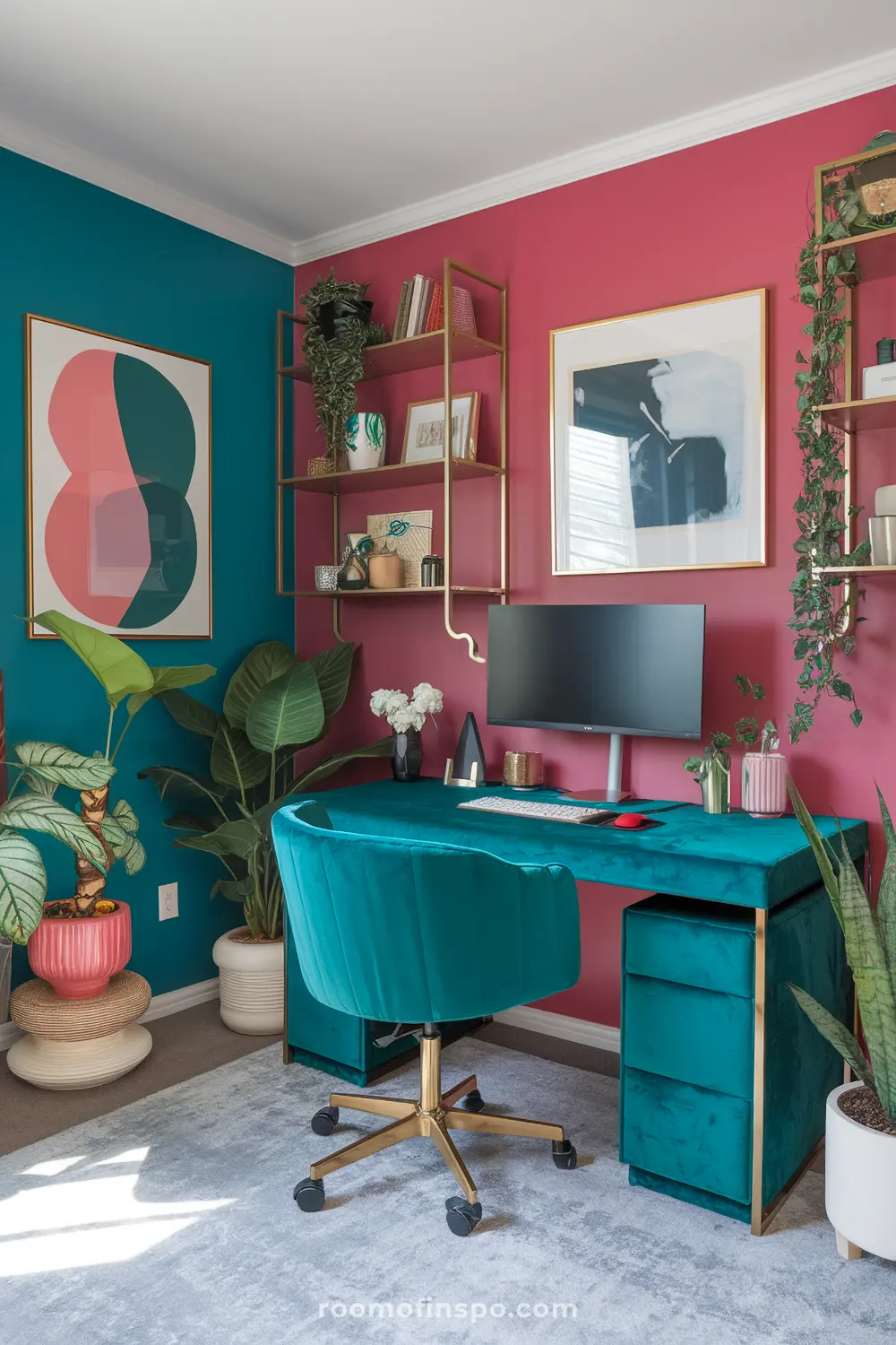 A jewel-toned home office with velvet maximalist details and monitor.