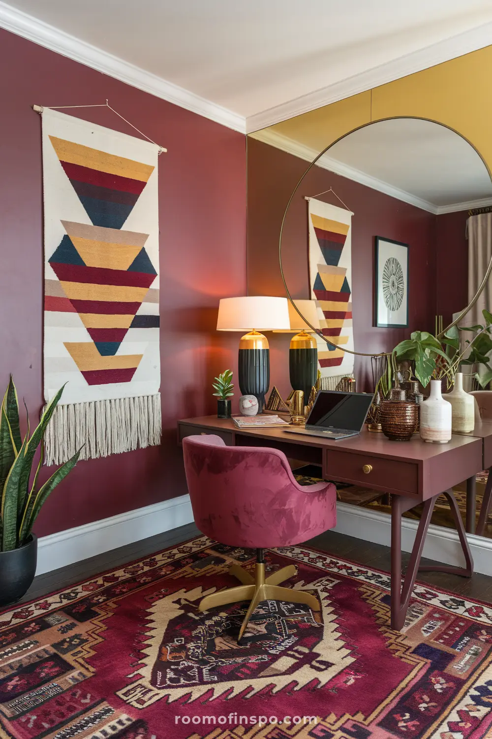 A retro glam home office with maximalist details and laptop.