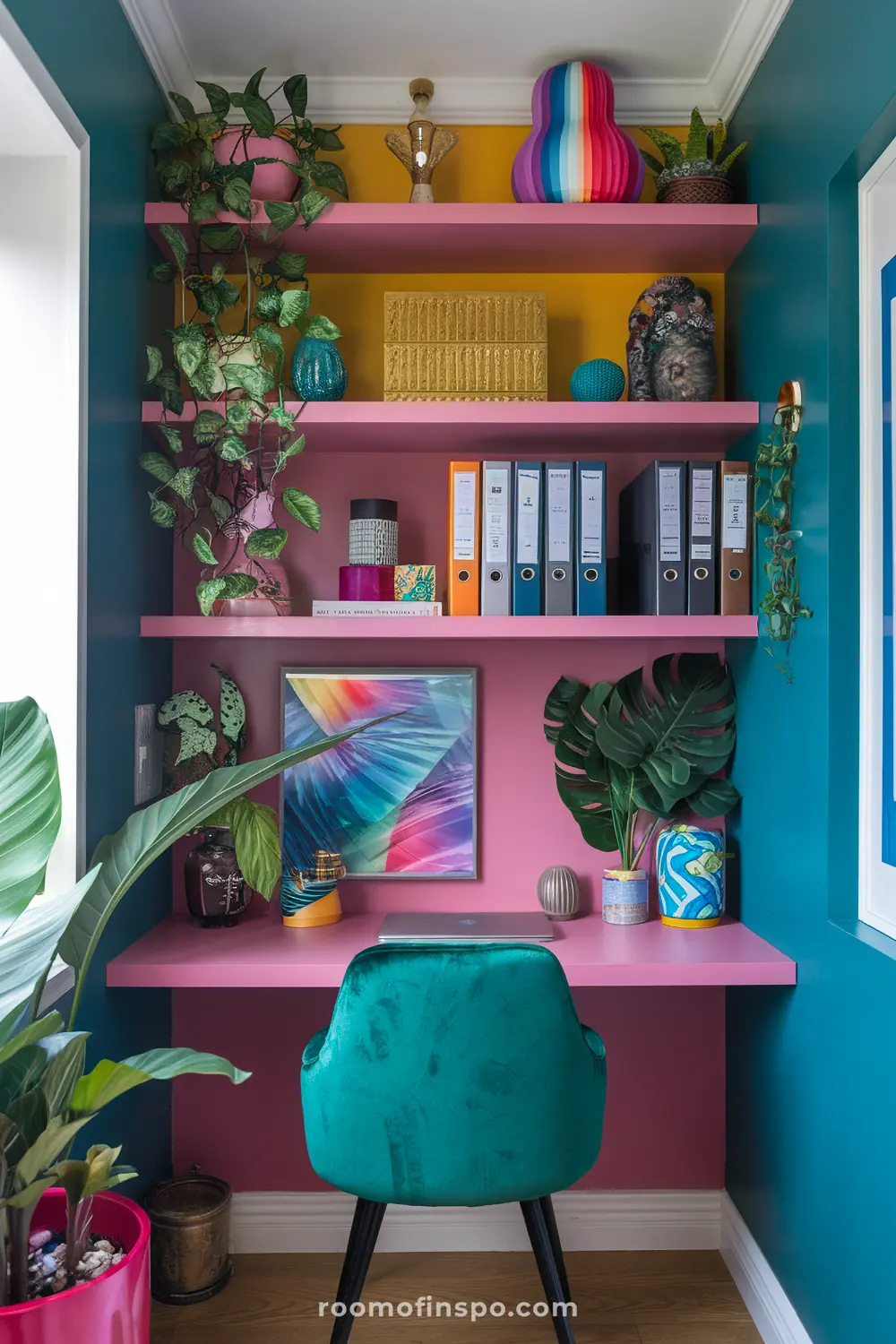 A small maximalist home office with bold decor and monitor.