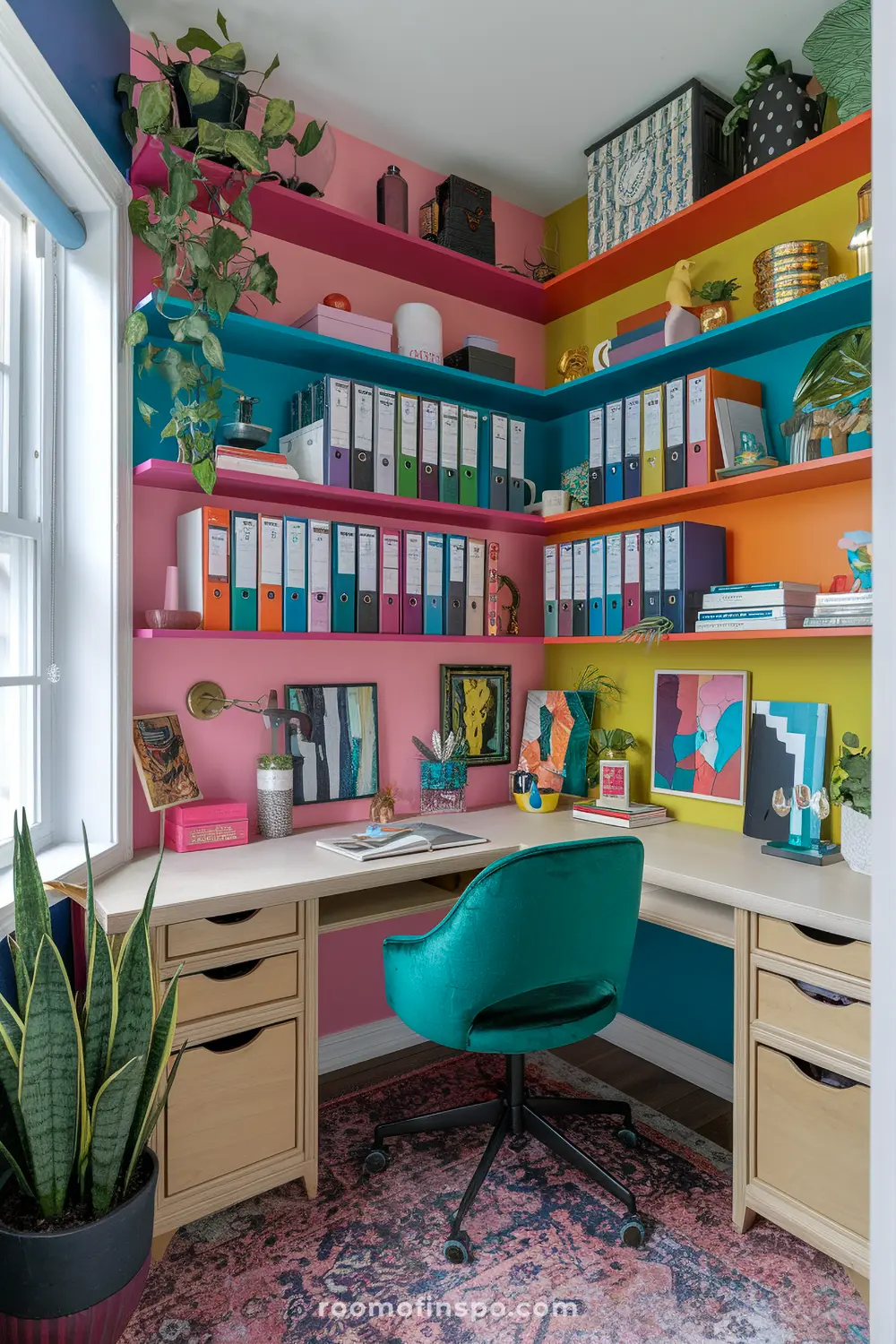 A home office with maximalist shelving and laptop.